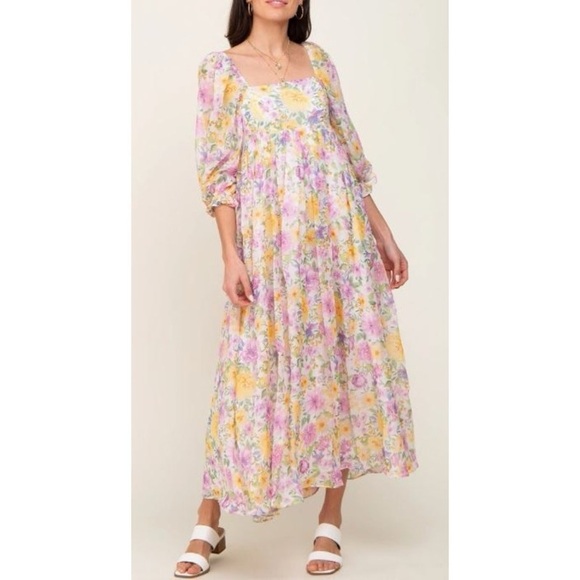 STORIA Floral Baby Doll Shimmer Chiffon Maxi Dress Size M - Picture 1 of 8